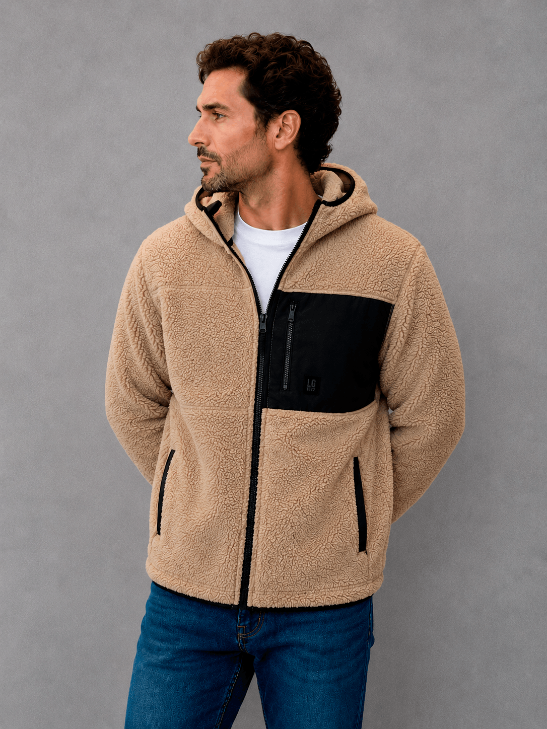 Campera Polar Corderito con Capucha Beige Hombre