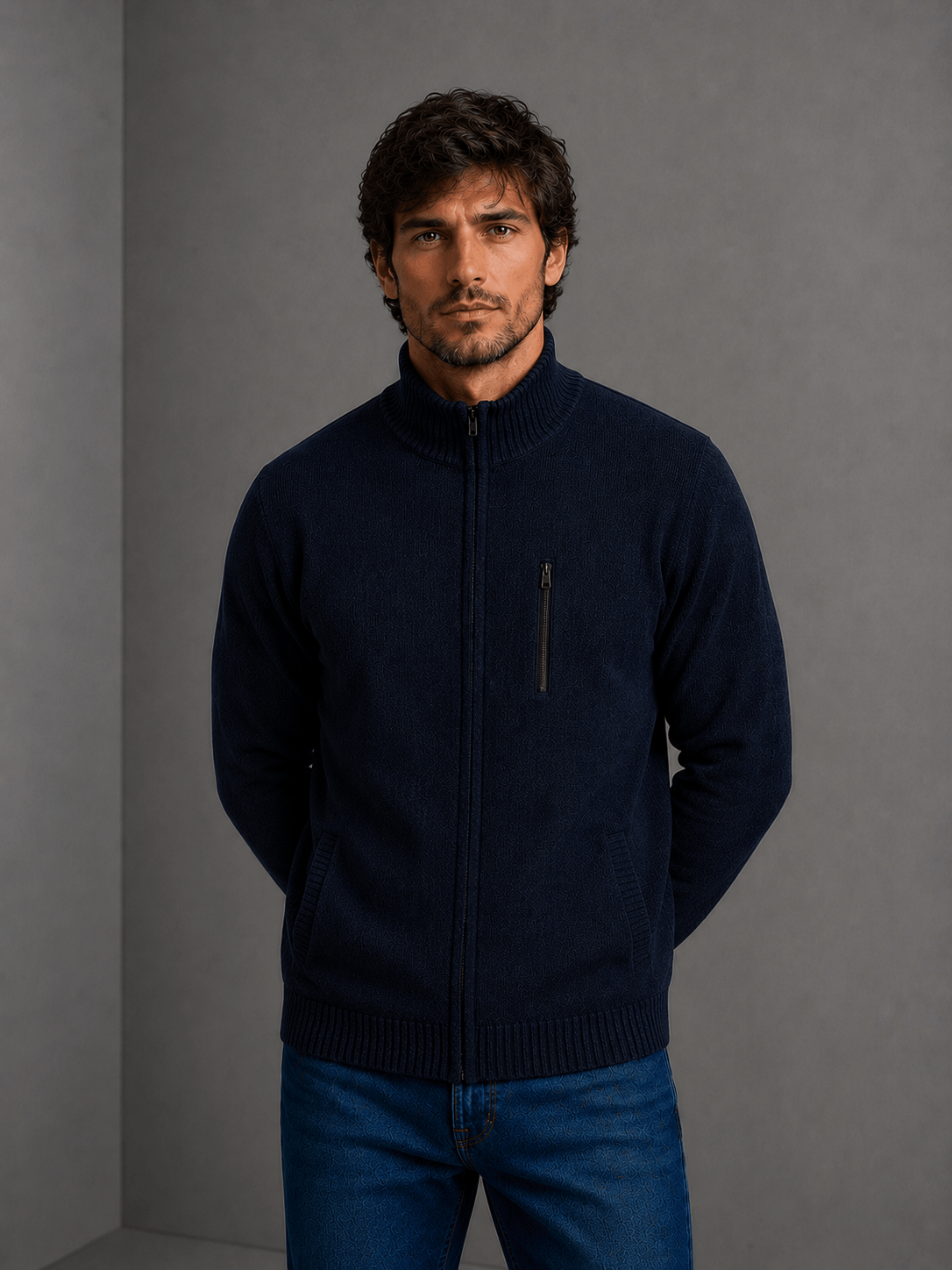 Campera Tejida con Corderito Azul Hombre