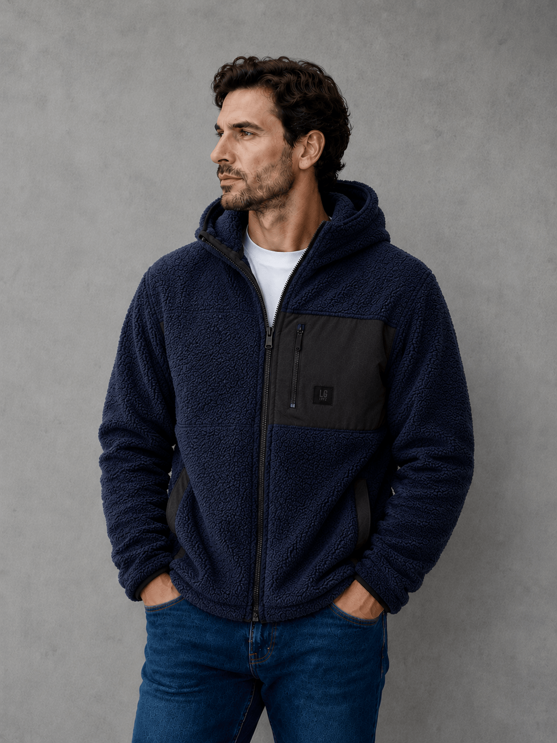 Campera Polar Corderito con Capucha Azul Hombre