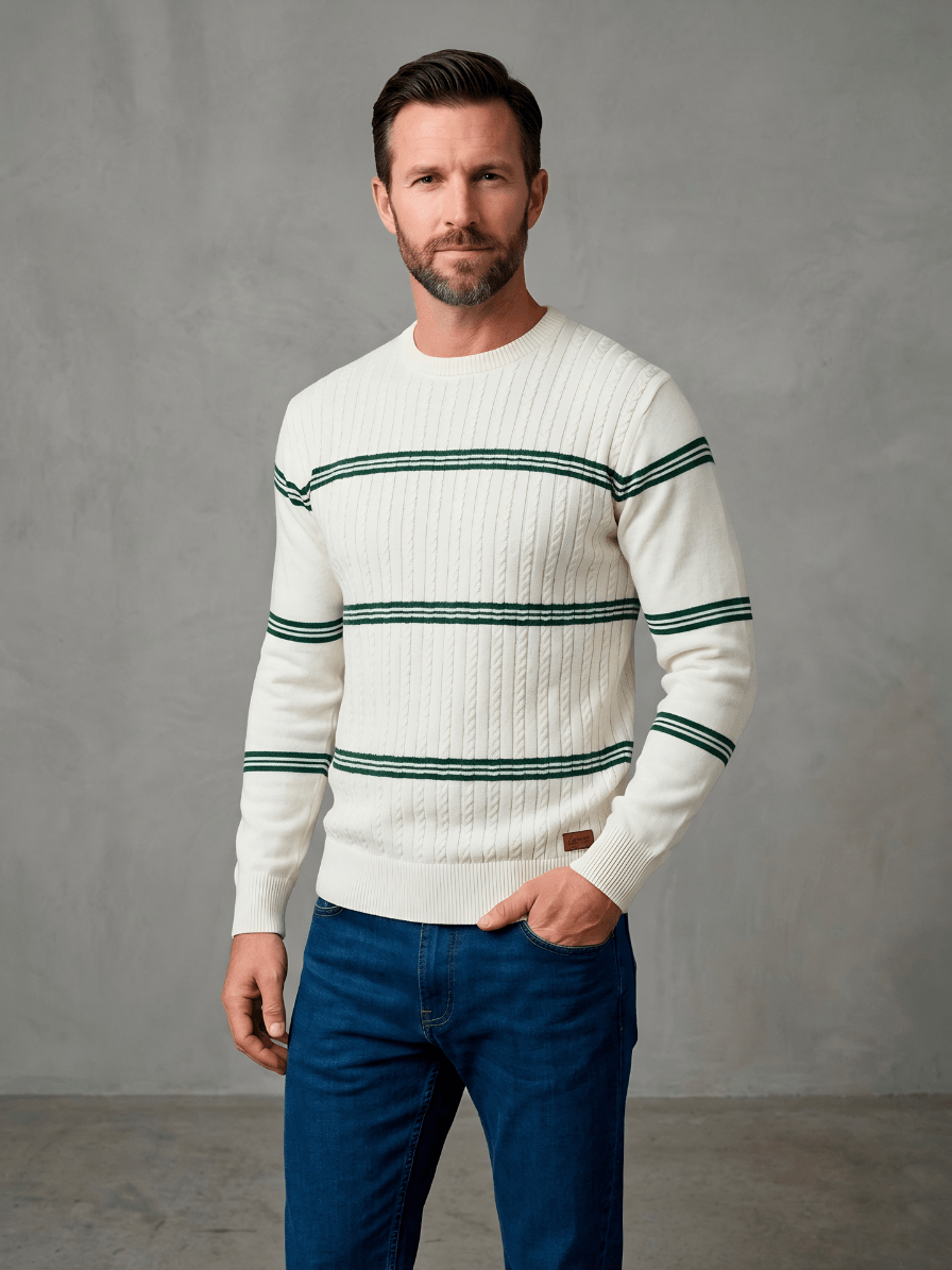 Sweater Cuello Redondo Rayado Beige y Verde Crudo C/Vde Y Marino Hombre
