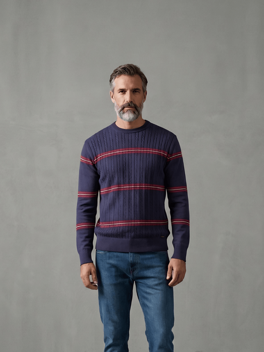 Sweater Cuello Redondo Rayado Beige y Verde Marino C/Rojo Y Crudo Hombre