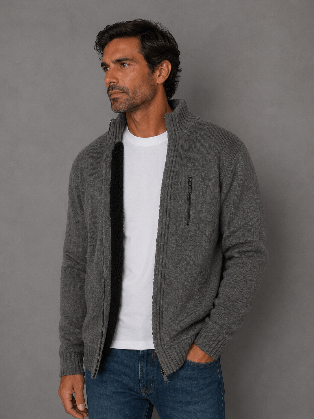 Campera Tejida con Corderito Gris Hombre